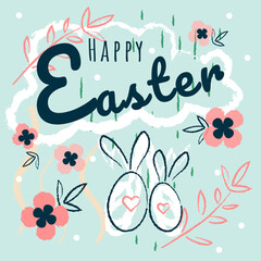 Vector illustration happy easter card with flowers. Easter poster and banner template with Easter eggs in the nest on light green background.