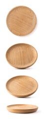 collection of empty wood plate or dish isolated on white background, taken in different angles, closeup, mockup template