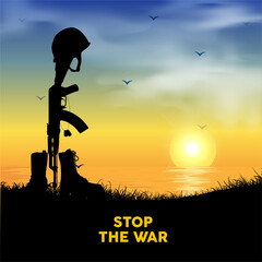 International Day of Peace and stop war design with sunset background.
Elegant sunset background with silhouette of rifle weapon, helm, and boot military. Stop the war background vector illustration
