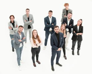 Obraz premium top view. happy business team standing in the new office