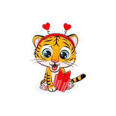 cute cartoon tiger with a gift on a white background.Little tiger cub for your design 