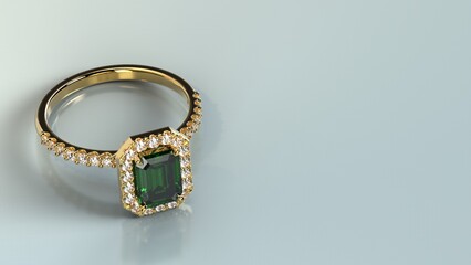 emerald halo ring with side diamonds