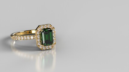 precious golden engagement 3d ring with emerald stone
