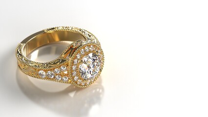 halo engagement ring in yellow gold with filigree on shank