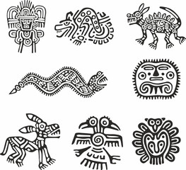 Vector monochrome set of native american symbols. Pattern totem of the peoples of Central and South America, Aztecs, Maya, Incas.  © Ana Lo