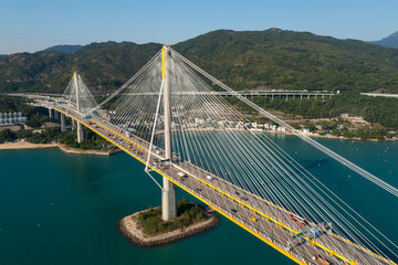 Drone fly over Ting Kau Bridge in Hong Kong