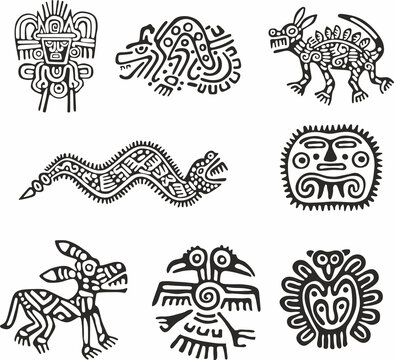Vector monochrome set of native american symbols. Pattern totem of the peoples of Central and South America, Aztecs, Maya, Incas.
