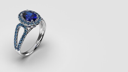 blue gem oval halo ring in white gold