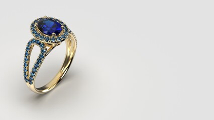 blue gem oval halo ring in yellow gold