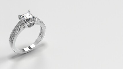 princess white gold engagement ring with side three layer stones on shank standing position view one