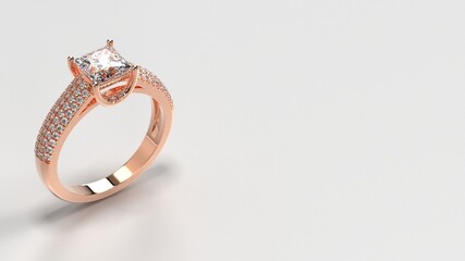 princess rose gold engagement ring with side three layer stones on shank standing position view one