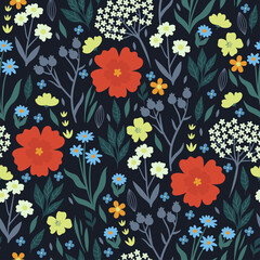 Seamless pattern with flowers and leaves. Vector graphics.