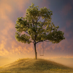 Peaceful tree with swing on a hill
