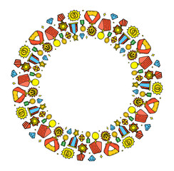 round shape template of medals in color. A frame of antique gold medals of various shapes around the edge of the victory circle with an empty space inside for text on white for a design template