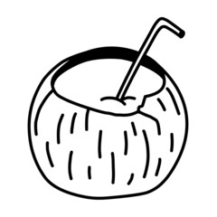 Hand drawn coconut cocktail isolated on a white background. Doodle, simple outline illustration. It can be used for decoration of textile, paper.