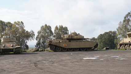 Fototapeta premium Tanks on display in the 7th brigade tank monument, Israel. Tanks used by the Israel Defense Forces.