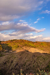 mountain covered with yellow grass and bright blue sky at afternoon from flat angle