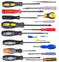 Various types and sizes of screwdrivers for attaching screws.