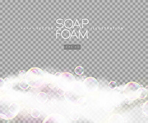 Soap foam with soap rainbow bubbles isolated on transparent background. Vector illustration