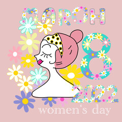 happy women's day card woman cartoon in spring flowers background and flowers alphabets 8 March 2022 hand drawn drawing cartoon vector