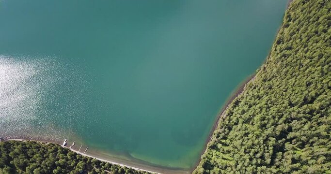Panoramic aerial morning view of famous natural attraction of Altai and Russia - the Multa mountain lake at sunrise. National park and outdoor recreation background