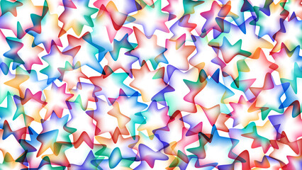 Abstract multicolored background of overlapping transparent stars with gradient fill on a white background. Vector illustration.