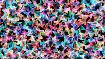 Abstract multicolored seamless pattern of overlapping transparent figures with illumination on a black background. Vector illustration.