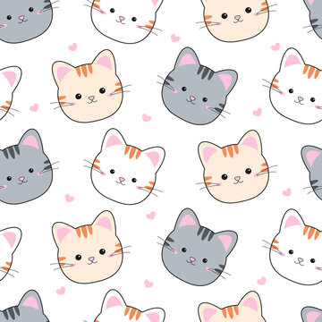 Cat and heart seamless pattern on white background vector illustration