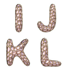 Realistic 3D letters set I, J, K, L made of gold shining metal letters.