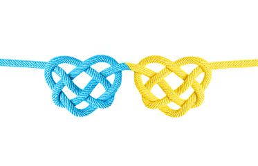 Blue and yellow heart shaped celtic knots isolated