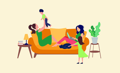 Vector Young Family at Home, Spending Weekend Indoors Happy Female Parents with Their Children, Colorful Background Vector  Art.