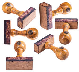 A wooden stamp shown from different perspectives.