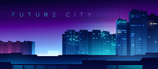 Futuristic night city. Cityscape on a colorful background with bright and glowing neon lights. Wide city front perspective view.