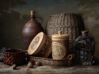 Still life with handicrafts on a wooden table