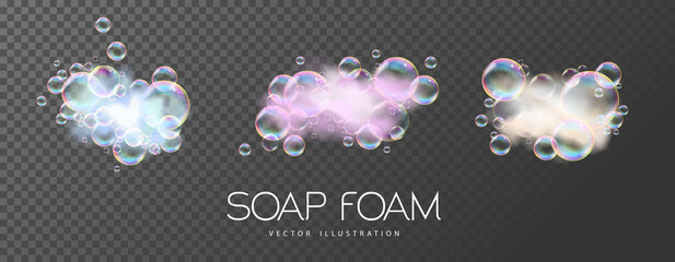 Set of soap bath foam with soap bubbles  isolated on transparent background. Vector illustration