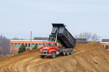big dump truck sand unloading heavy red hydraulic