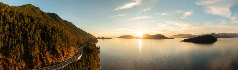 Aerial Panoramic View of Sea to Sky Highway on Pacific Ocean West Coast. Sunny Winter Colorful...