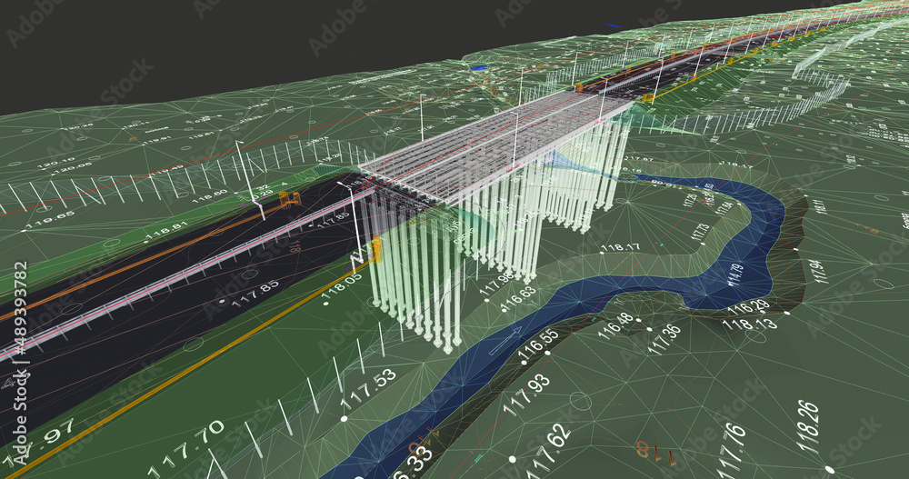 Wall mural the bim model of the object of roadway transportation infrastructure of wireframe view