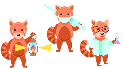 Set Abstract Collection Flat Cartoon Different Animal Red Pandas With Oil Lantern, Masked Doctor With Syringe, Flask Scientist Vector Design Style Elements Fauna Wild