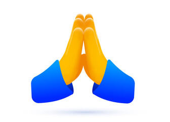 Vector illustration of yellow color folded hand emoticon on white background. 3d style design of praying hand emoji