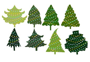 Set with Christmas trees for hobbies and cards and posters and postcard and magazines and stickers and kids and shops