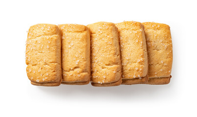 Danish butter cookies in a row isolated on a white background. Five rectangular shortbread biscuits with sugar cutout. Tasty baked pastry for breakfast and sweet food concepts.