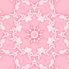 abstract background of pattern of kaleidoscope frame. pink easter marshmallow bunny fractal mandala. abstract kaleidoscopic 8 star square arabesque. geometrical ornament happy peeps pattern