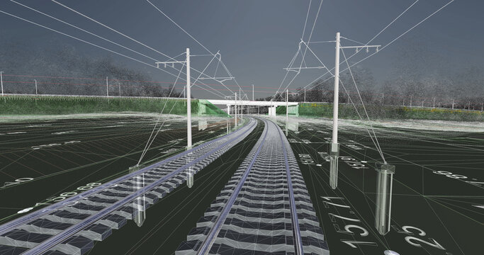 The BIM model of the railway infrastructure area of wireframe view