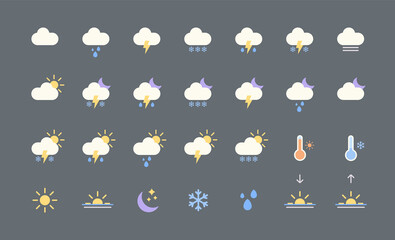 Flat weather web icons vector illustration. Clouds, sun, moon, snow, wind, rain, temperature.