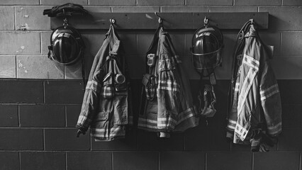 Firefighter helmet and protection coat hanging in the fire station