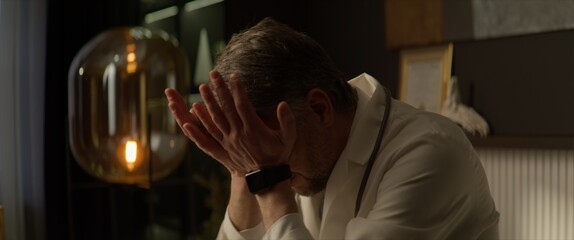 Portrait of Caucasian doctor working ah his desk late in the evening