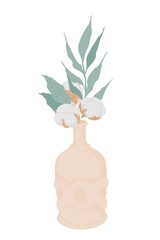 Decorative vase with incense sticks and cotton flowers for interior decoration. Vector isolated colorful element.