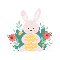 Happy Easter greeting card with Easter bunny, painted egg and flowers. Hand drawn vector illustration