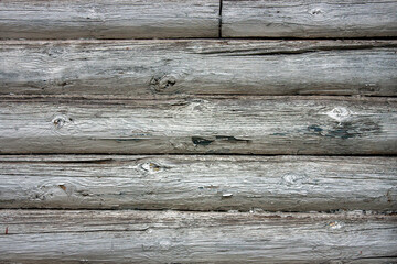 Fragment of a wall made of old logs. Close-up, flat lay. Natural tree. Texture of natural wood...